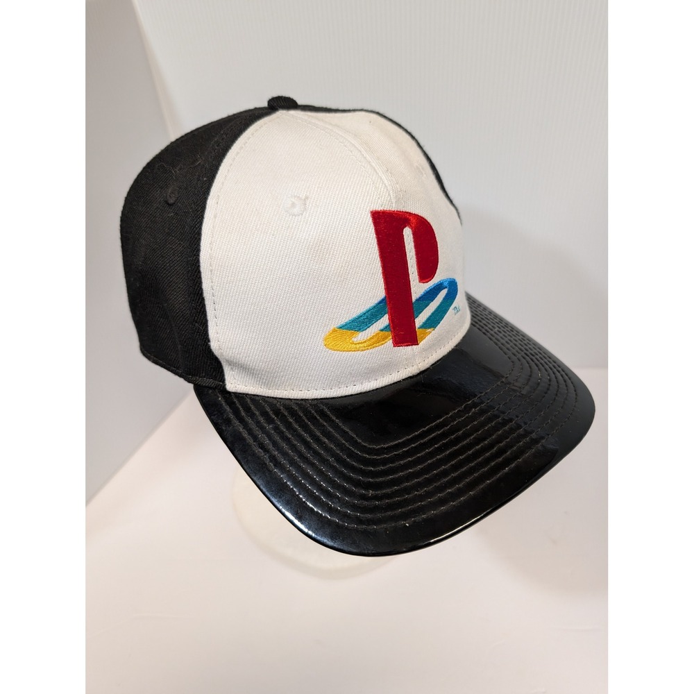 Sony PlayStation Snapback Hat Black White Faux Leather Brim Japanese Text Logo